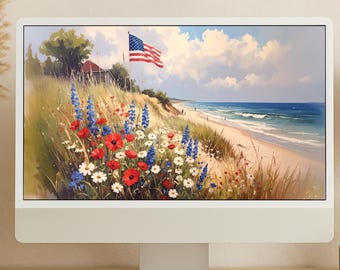 American Flag Computer Wallpaper – Patriotic Coastal Scene with Wildflowers and Ocean – 4th of July Beach Background for Computer or iPad