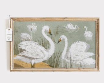 Frame TV Art Vintage Swan Birds Muted Neutral Painting Digitally Remastered Old World Art Download Frame TV Farmhouse Style Art for TV
