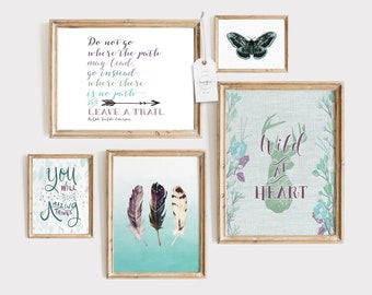 Wild At Heart Gallery Wall Set of 5 Digital Downloads | Teal and Purple Nursery Decor | Feathers, Deer, Butterflies, Ralph Waldo Emerson