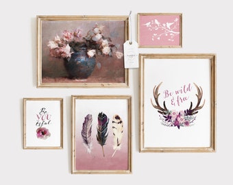 Gallery Wall Prints for Girl Vintage Flowers Feathers Birds Watercolor Antler Nursery Instant Download Prints Inspirational Quotes for Her