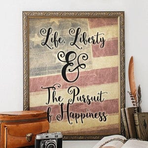 Patriotic Freedom Printable – Thomas Jefferson Quote Wall Art | Life, Liberty & Happiness American Flag Art in Red, White, and Blue