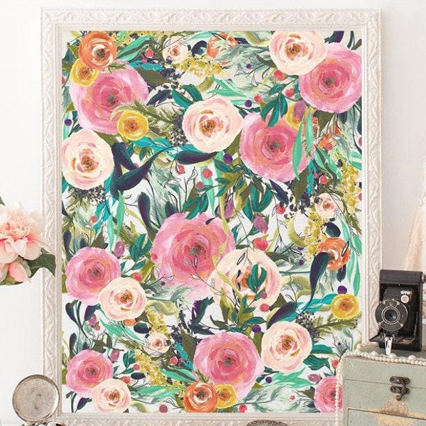 Colorful Watercolor Flower Collage Printable – Vibrant Floral Wall Art for Living Room, Office, or Nursery, Instant Digital Download