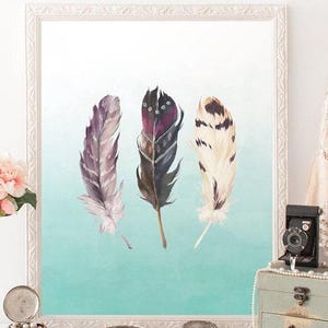 Teal Feather Wall Art Printable – Tribal Aztec Nursery Decor | Watercolor Feather Print for Boho or Southwestern Style Rooms