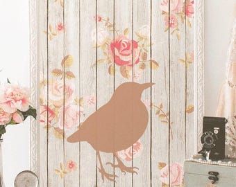 Lámina de pájaros estilo shabby chic: Arte mural floral rosa (descarga digital)