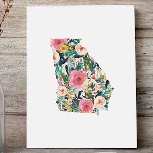 Georgia Floral State Art – Watercolor Printable Wall Decor – Georgia Silhouette in Full Bloom for Nursery, Gallery, or Gift Use