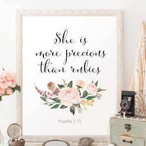 She Is More Precious Than Rubies Printable – Proverbs 3:15 Wall Art – Feminine Scripture Decor – Faith-Based Art for Girls & Women