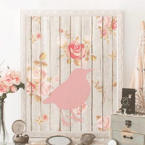 Pink Bird Silhouette Wall Art – Blush Floral Printable – Shabby Chic Nursery or Cottagecore Decor Download