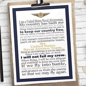 Naval Aircrewman’s Creed Printable – Patriotic Navy Wall Art – Gift for Military, Aircrew, or Veteran Office Decor