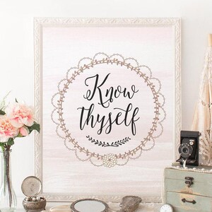 Può includere: Una stampa incorniciata con le parole "Know Thyself" in elegante scrittura, circondata da un bordo decorativo. L'immagine include un bouquet di fiori rosa, una macchina fotografica vintage e altri oggetti d'antiquariato, creando un'estetica vintage.