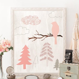 Pink Tree Bird Wall Art Printable – Nature-Inspired Decor for Nursery or Playroom | Toddler Room Digital Download Print