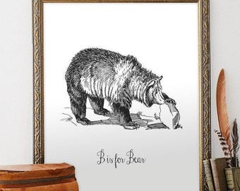 Bär Skizze Kunstdruck - Rustikaler Schwarz-Weiß Wildtier Druck, B wie Bär Alphabet Druck, minimalistisches Waldtier Dekor