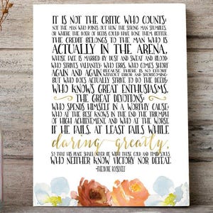 The Man in the Arena Printable – Theodore Roosevelt Quote with Watercolor Florals, Motivational Wall Art for Office or Home