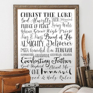 Geschriftmuurkunst namen van God – Afdrukbare christelijke typografie in zwart-wit – op geloof gebaseerde bijbelvers downloaden