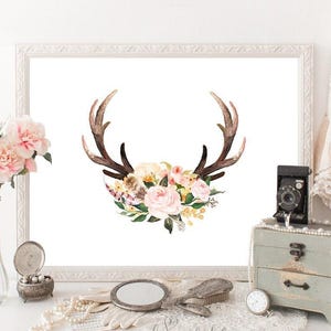 Rustic Floral Antlers Wall Art – Cozy Woodland Animal Decor for Cabin, Nursery, or Farmhouse – Printable Digital Download