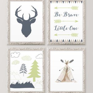 Be Brave Little One – Blue and Green Tribal Nursery Wall Art Set of 4 with Teepee, Deer Head, and Aztec Prints for Boys Room
