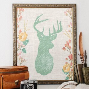 Rustic Floral Deer Silhouette Wall Art – Woodland Boho Printable for Nursery or Country Home – Nature-Inspired Digital Download
