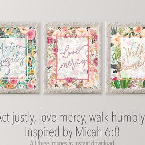 Micah 6:8 Scripture Print Set – “Act Justly, Love Mercy, Walk Humbly” Bible Verse Gallery Wall Art in Soft Watercolor Style