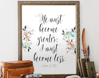 Lámina floral inspiradora - Descarga digital: «Él debe crecer; yo debo disminuir» - Juan 3:30, Versículo bíblico imprimible con flores