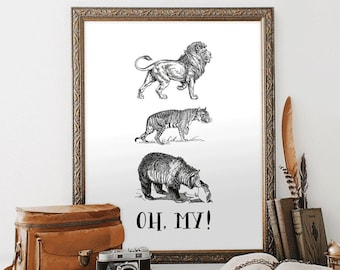 Druckbare Kunst Tier Art Print Löwe Tiger Art Print Bär Druck Zauberer von Oz Kunstdruck Spielzimmer Drucke Schwarzweiss Kunst