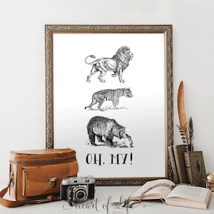 Printable Art Animal Art Print Lion Print Tiger Art Print Bear Print Wizard of Oz Art Print Playroom Prints Black and White Art