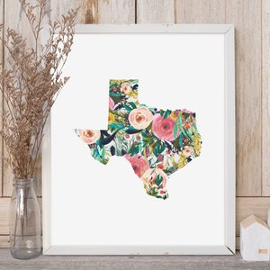 Impression d'art imprimable en téléchargement numérique Texas aquarelle florale impression d'état du Texas Texas coloré art mural décoration d'intérieur impression fleurs