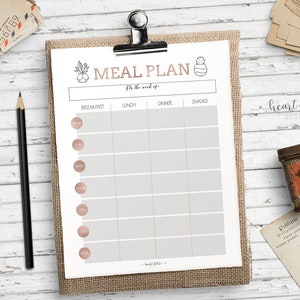 Meal Plan Printable for Meal Planning Breakfast Lunch Dinner and Snacks Digital Planner Pink Gray Meal Plan Digital Download