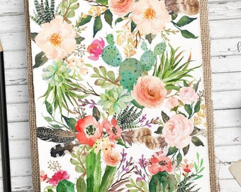 Boho Succulent Watercolor Print: Cactus & Wildflower Gallery Wall Art (Digital Download)