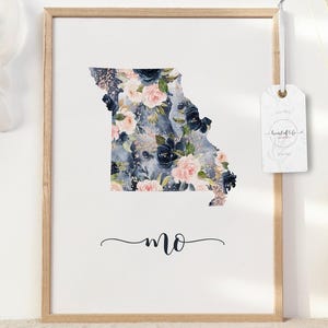 Missouri State Printable Wall Art – Watercolor Floral Silhouette with MO Abbreviation, State Flower Nursery Art, Gallery Wall, Home Decor
