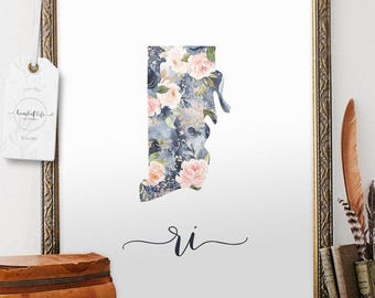 Rhode Island State Printable Wall Art – Watercolor Floral Silhouette with RI Abbreviation, State Flower Art for Nursery or Home Decor