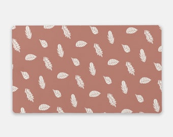 Minimal Desk Mat Mouse Pad | Desk Protector or Organizer Coral Pink with White Leaves | Among The Fields Collection