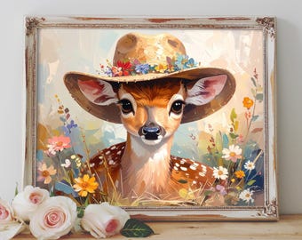 Boho Fawn Nursery Print: Cowgirl Deer with Flowers (Digital Download)