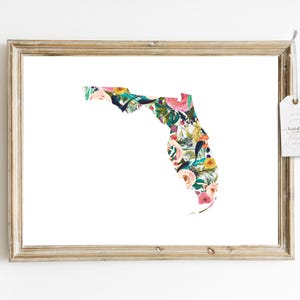 Floral Florida kaart kunst afdrukbare – uniek staat silhouet met grillige bloemen – Instant Download voor thuis of op kantoor