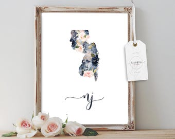 New Jersey Floral Watercolor Art Print: NJ State Silhouette (Digital Download)