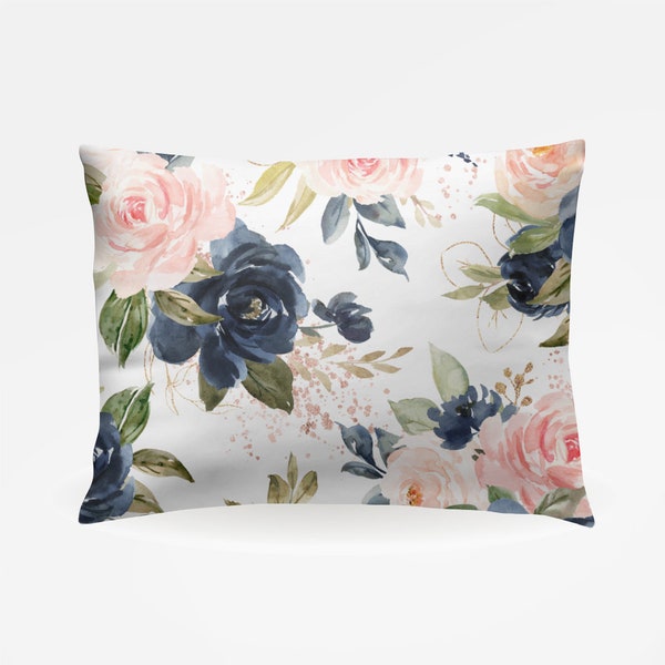 Standard Pillowcase Blush Pink and Navy Watercolor Floral Pillowcase Girl Pillowcase Standard Size Pillow Case 20x30 Pillow Cover