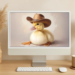 カウボーイダックのデスクトップ壁紙、赤ちゃんアヒルの子のノートパソコンの背景、かわいい農場の動物のスクリーンアート、素朴な保育園のデスクトップ壁紙