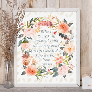 Printable Art Bible Verse Print Psalm 111 10 Colorful Watercolor Flower Scripture Verse Wreath Print Wall Art Printable Fear of the Lord image 1