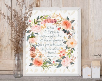 Printable Art Bible Verse Print Psalm 111 10 Colorful Watercolor Flower Scripture Verse Wreath Print Wall Art Printable Fear of the Lord