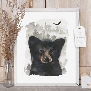 Woodland Bear Cub Nursery Wall Art – Forest Animal Watercolor Print for Rustic Baby Room or Animal-Themed Gallery
