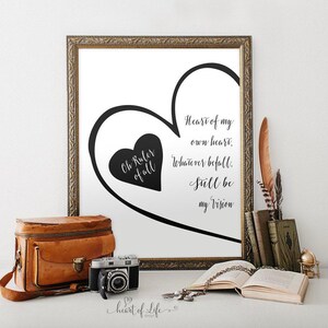 Może przedstawiać: Czarno-biała drukowalna grafika ścienna z wzorem serca i tekstem "Oh Ruler of all, Heart of my own heart, whatever befall, still be my Vision".