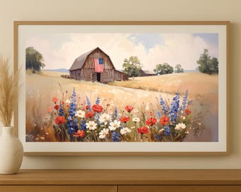 American Barn & Flag Samsung Frame TV Art: Rustic Farmhouse (Digital Download)