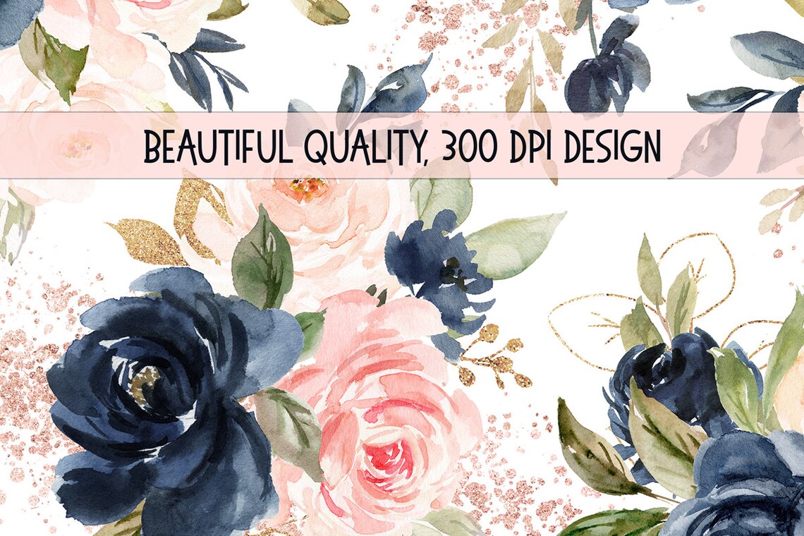 Printble Art Blush Pink and Navy Wall Art Watercolor Floral Etsy