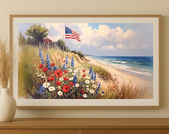 American Flag Beach Scene TV Art: 4th of July Coastal Decor (Digital Download)