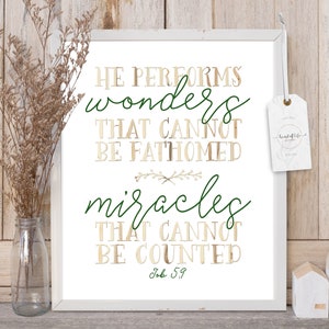 Job 5 9 Bible Verse Tan Wood Green Nursery Wall Art Miracle Baby Printable Instant Download Bible Verse Scripture Print He Performs Miracles image 1