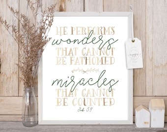 Job 5 9 Bible Verse Tan Wood Green Nursery Wall Art Miracle Baby Printable Instant Download Bible Verse Scripture Print He Performs Miracles