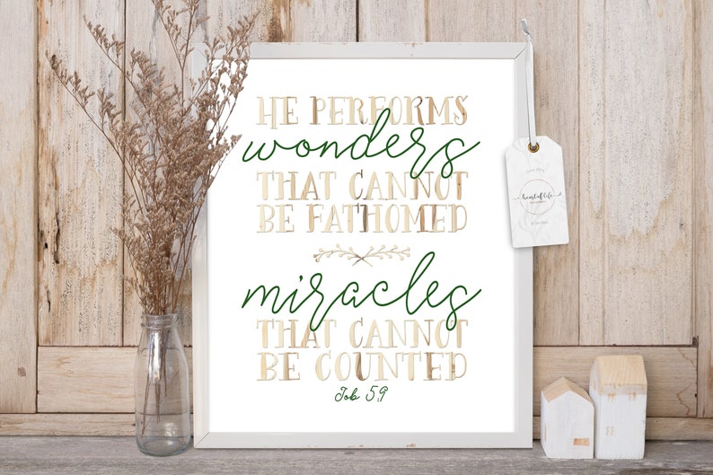 Job 5 9 Bible Verse Tan Wood Green Nursery Wall Art Miracle Baby Printable Instant Download Bible Verse Scripture Print He Performs Miracles image 1