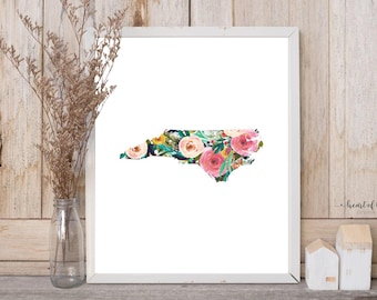 North Carolina Floral Art Print: Watercolor State Silhouette (Digital Download)