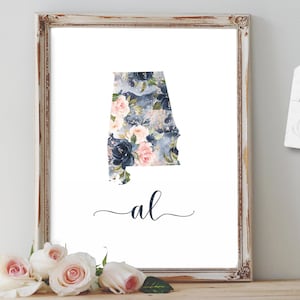 Alabama Aquarell Blumen Zustand druckbare Kunstdruck Aquarell Blumen und Zustand Silhouette Alabama Zustand Karte Kunst Blush, rosa und dunkelblau
