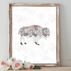 Floral Buffalo Girl Nursery Art – Pink & Gray Printable Wall Decor – Abstract Woodland Animal Art for Baby’s Room