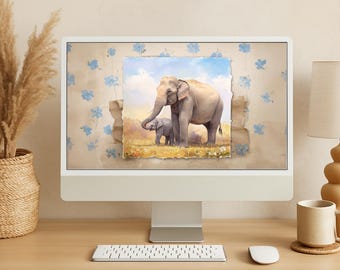 Elephant Desktop Wallpaper | Blue Floral Safari Animal Background | Digital Nursery Elephant Art