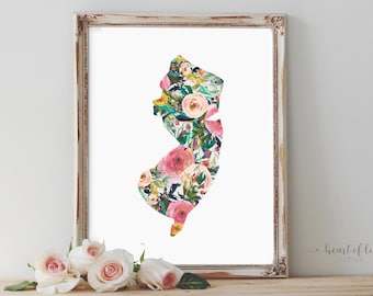 New Jersey Floral Wall Art – Watercolor State Silhouette Print – Colorful Digital Download for Home or Dorm Decor